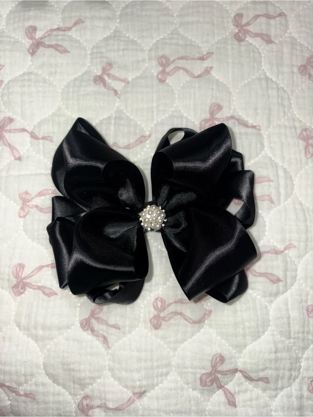 Black Satin Bow Hair Clip with Pearl Center